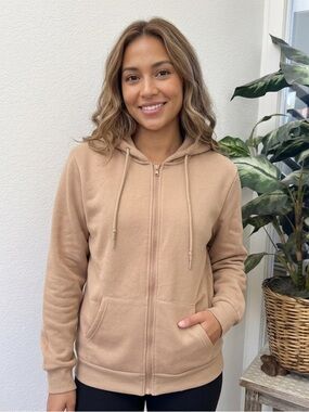 Basic Athletic Camel Nude Caramel Tan Fleece Zipper Hoodie Sweatshirt L